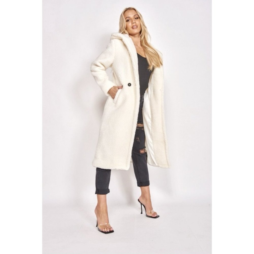 1 DAY SALE! Long Sleeve Hoodie Hooded Long Maxi Borg Teddy Bear Fur Coat - Picture 13 of 15